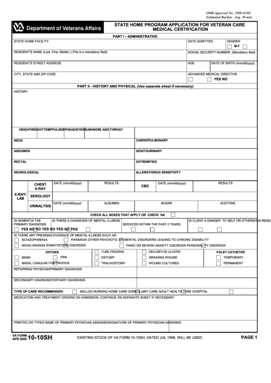 Fillable Va Form 10-10sh - State Home Program Application For Veteran Care Medical Certification Printable pdf