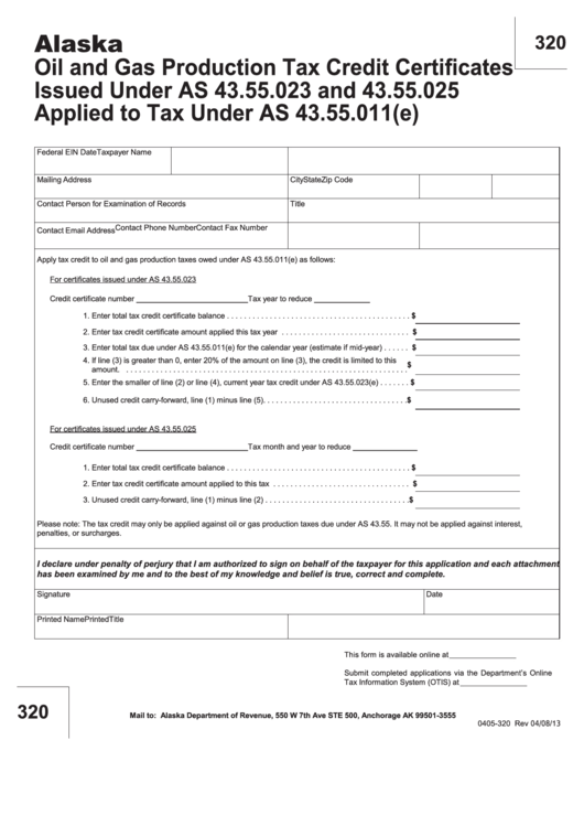 Fillable Form 320 - Oil And Gas Production Tax Credit Certificates Issued Under As 43.55.023 And 43.55.025 Applied To Tax Under As 43.55.011(E) Printable pdf