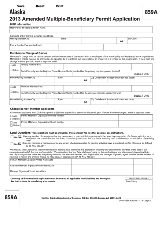 Fillable Form 859a - Amended Multiple-Beneficiary Permit Application - 2013 Printable pdf