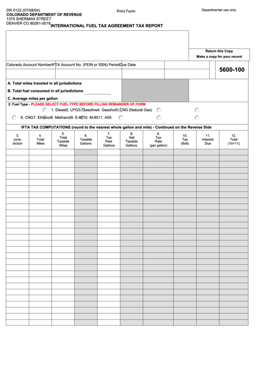Fillable Form Dr 0122 - International Fuel Tax Agreement Tax Report - Colorado Department Of Revenue Printable pdf