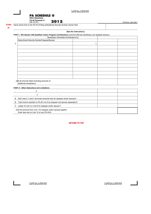 Fillable Form Pa-40 - Schedule O - Other Deductions - 2012 Printable pdf