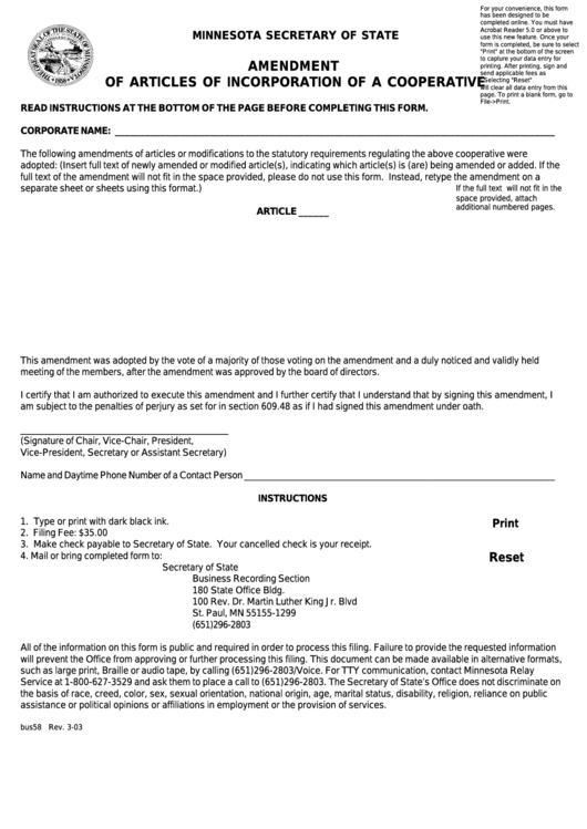 Fillable Form Bus58 - Amendment Of Articles Of Incorporation Of A Cooperative - Minnesota Secretary Of State - 2003 Printable pdf
