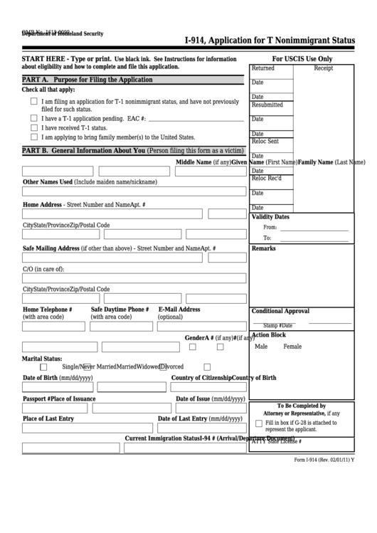 Fillable Form I-914 - Application For T Nonimmigrant Status Printable pdf