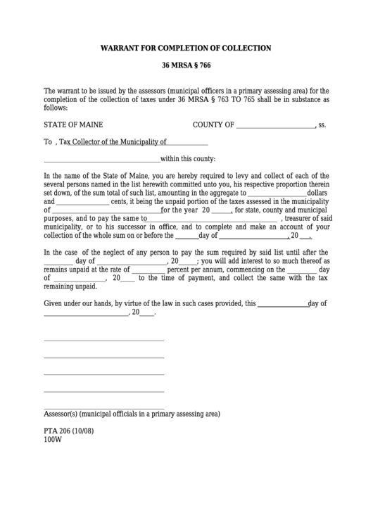 Form Pta 206 - Warrant For Completion Of Collection