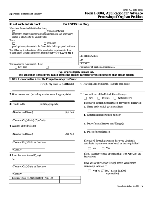 Fillable Form I-600a - Application For Advance Processing Of An Orphan Petition Printable pdf