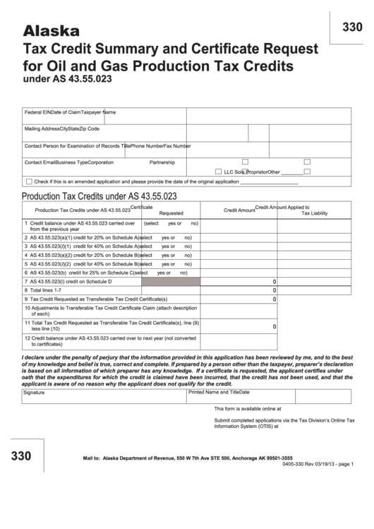 Fillable Form 330 - Tax Credit Summary And Certificate Request For Oil And Gas Production Tax Credits Printable pdf