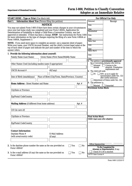 Fillable Form I-800 - Petition To Classify Convention Adoptee As An Immediate Relative Printable pdf