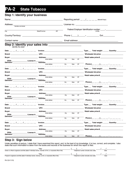 Form Pa-2 - State Tobacco P.a.c.t. Act Report Printable pdf