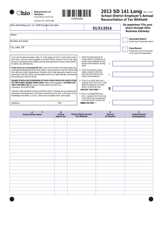 Fillable Form Sd 141 Long - School District Employer