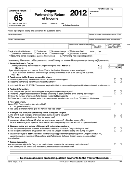 Fillable Form 65 - Oregon Partnership Return Of Income - 2012 Printable pdf