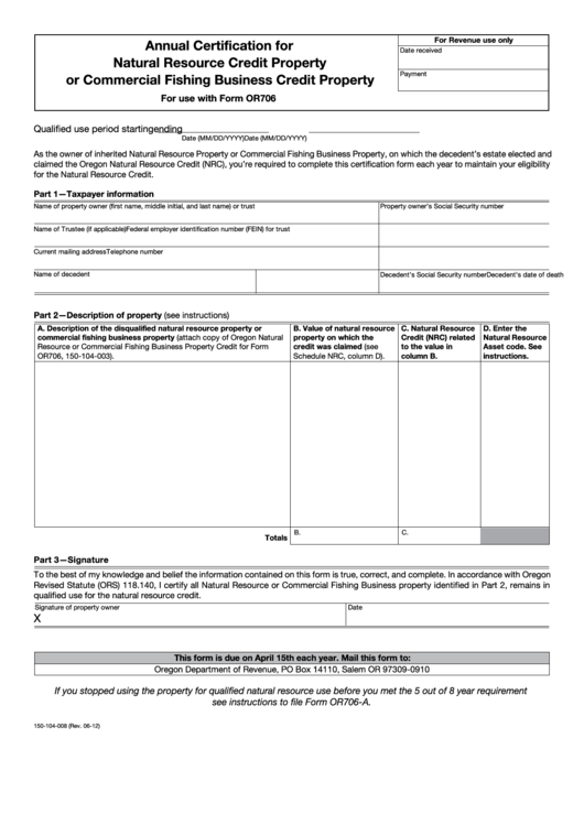 Fillable Form 150-104-008 - Annual Certification For Natural Resource Credit Property Or Commercial Fishing Business Credit Property Printable pdf