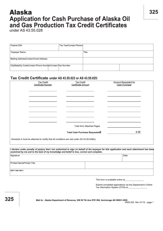 Fillable Form 325 - Application For Cash Purchase Of Alaska Oil And Gas Production Tax Credit Certificates Printable pdf