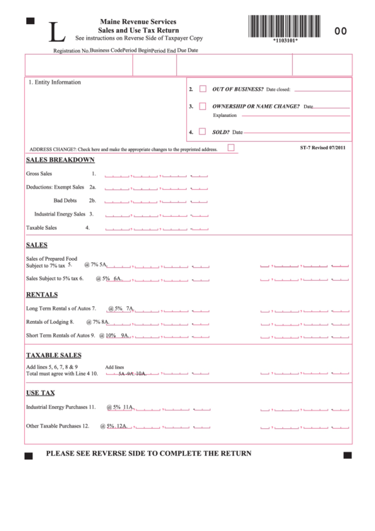 Form St-7 - Maine Revenue Services Sales And Use Tax Return Printable pdf