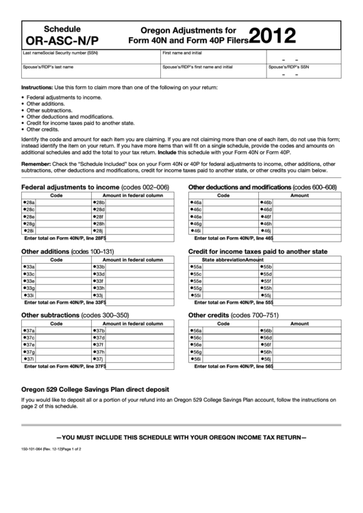 Fillable Schedule Or-Asc-N/p - Oregon Adjustments For Form 40n And Form 40p Filers - 2012 Printable pdf