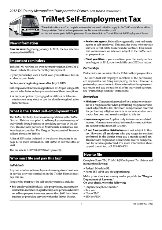 Fillable Form Tm - Trimet Self-Employment Tax - 2012 Printable pdf