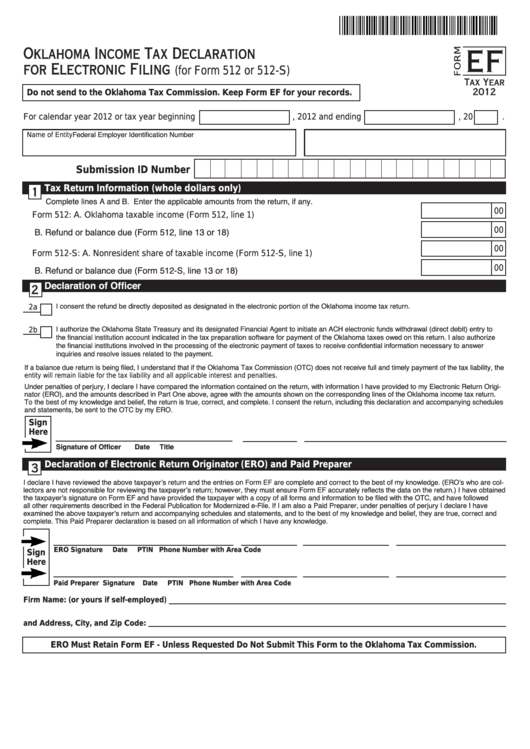 Fillable Form Ef - Oklahoma Income Tax Declaration For Electronic Filing - 2012 Printable pdf