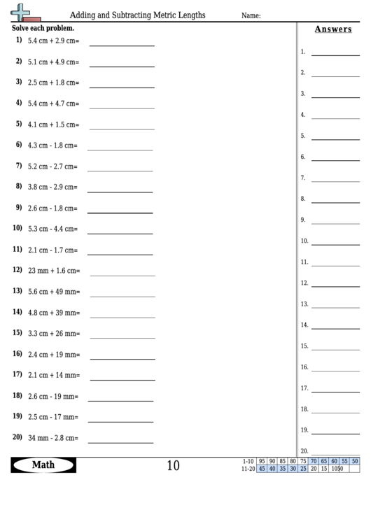 Adding And Subtracting Metric Lengths Worksheet Template With Answer Key Printable pdf
