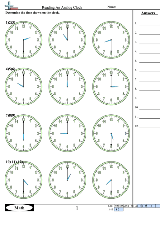 Reading An Analog Clock Worksheet Template With Answer Key Printable pdf