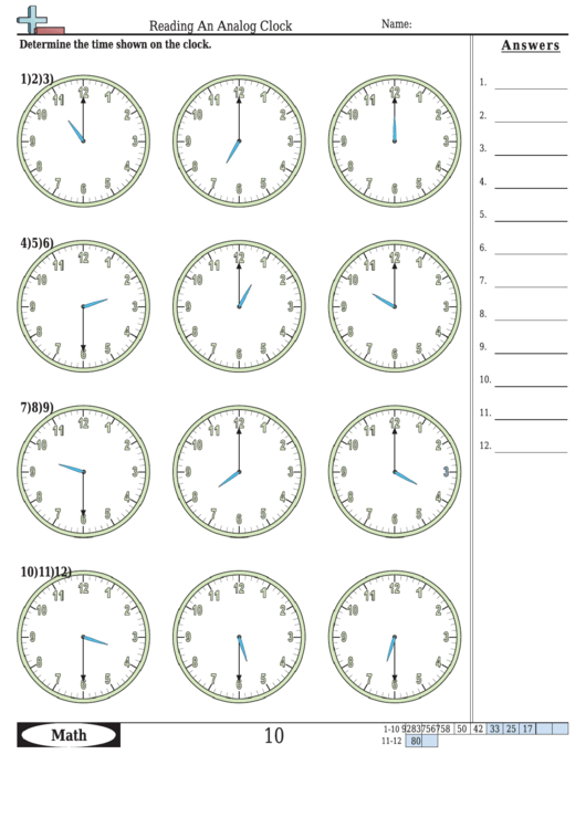 Reading An Analog Clock Worksheet Template With Answer Key Printable pdf