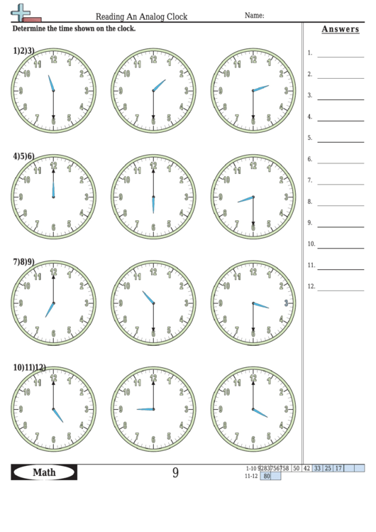 Reading An Analog Clock Worksheet Template With Answer Key Printable pdf