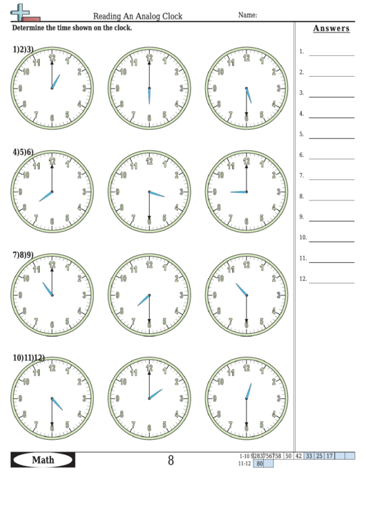 Reading An Analog Clock Worksheet Template With Answer Key Printable pdf