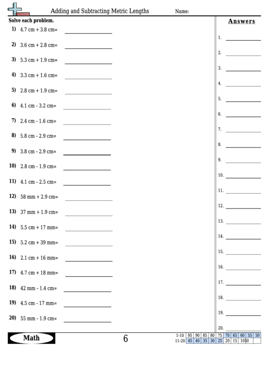 Adding And Subtracting Metric Lengths Worksheet Template With Answer Key Printable pdf