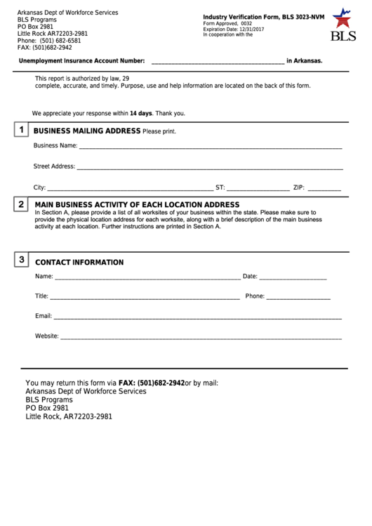 Form Bls 3023-Nvm - Industry Verification Form Printable pdf