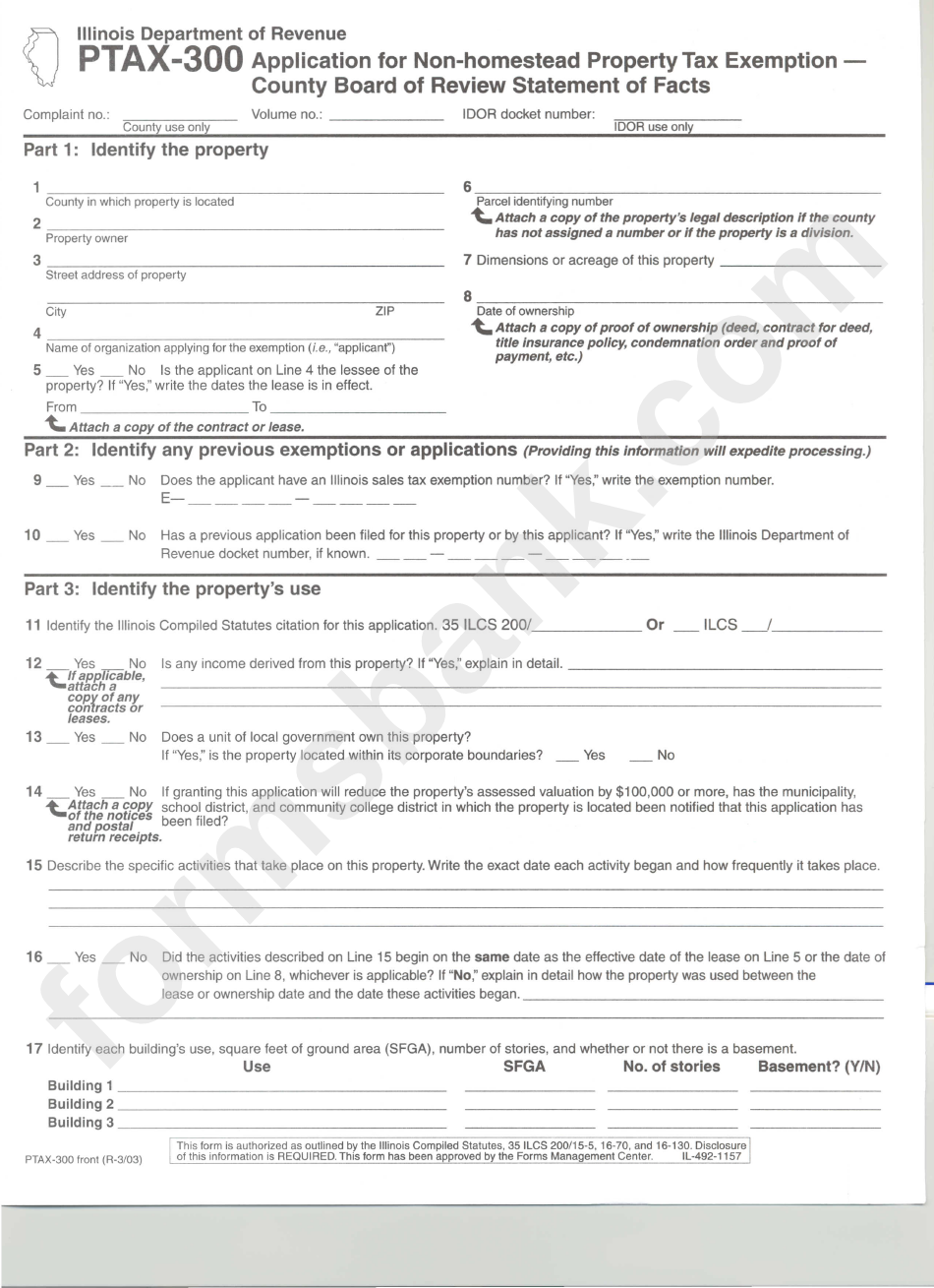 Form Ptax-300 - Application For Non-Homestead Property Tax Exemption - County Board Of Review Statement Of Facts