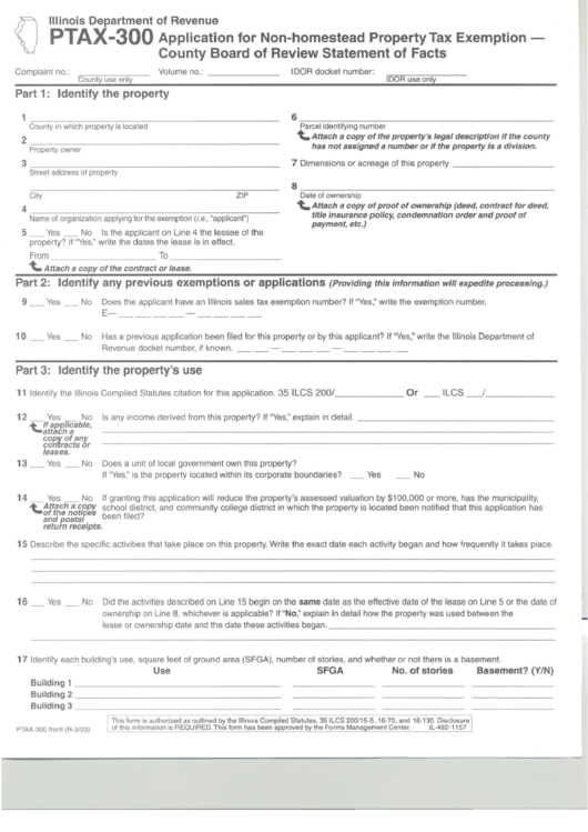 Fillable Form Ptax-300 - Application For Non-Homestead Property Tax Exemption - County Board Of Review Statement Of Facts Printable pdf