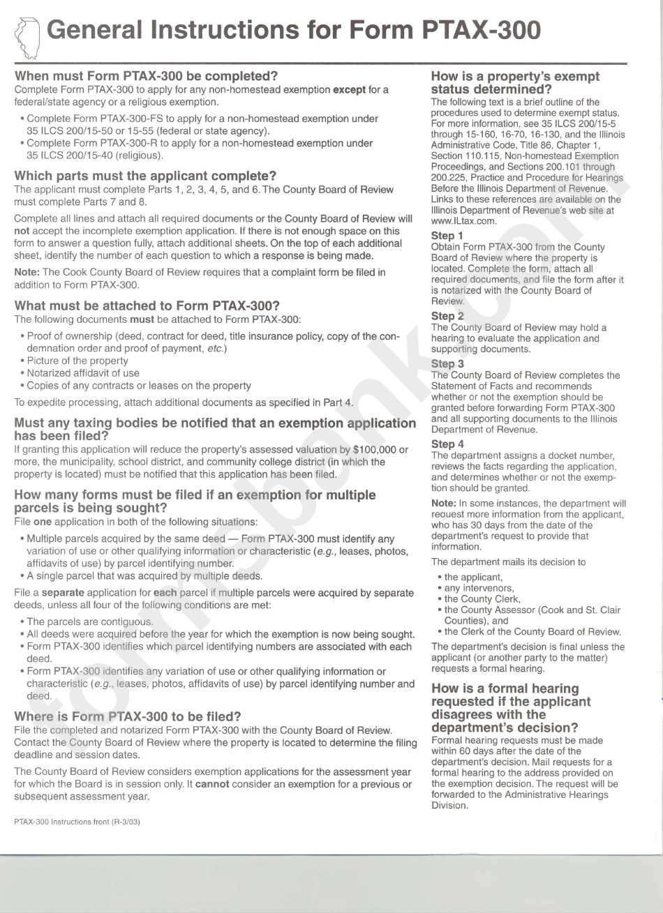 Form Ptax-300 - Application For Non-Homestead Property Tax Exemption - County Board Of Review Statement Of Facts