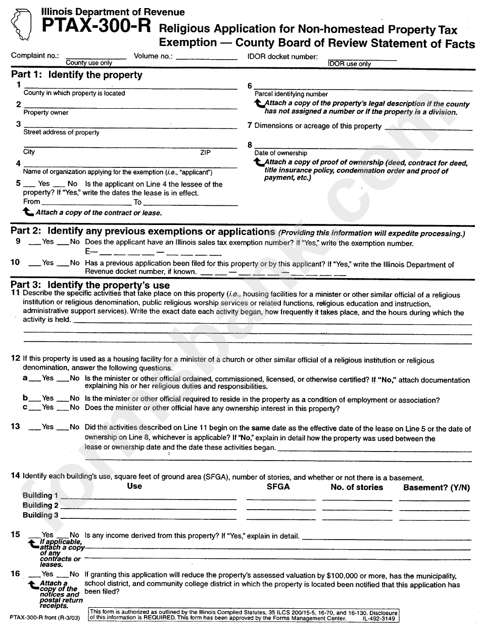 Form Ptax-300-R - Application For Religious Property Tax Exemption - County Board Of Review Statement Of Facts