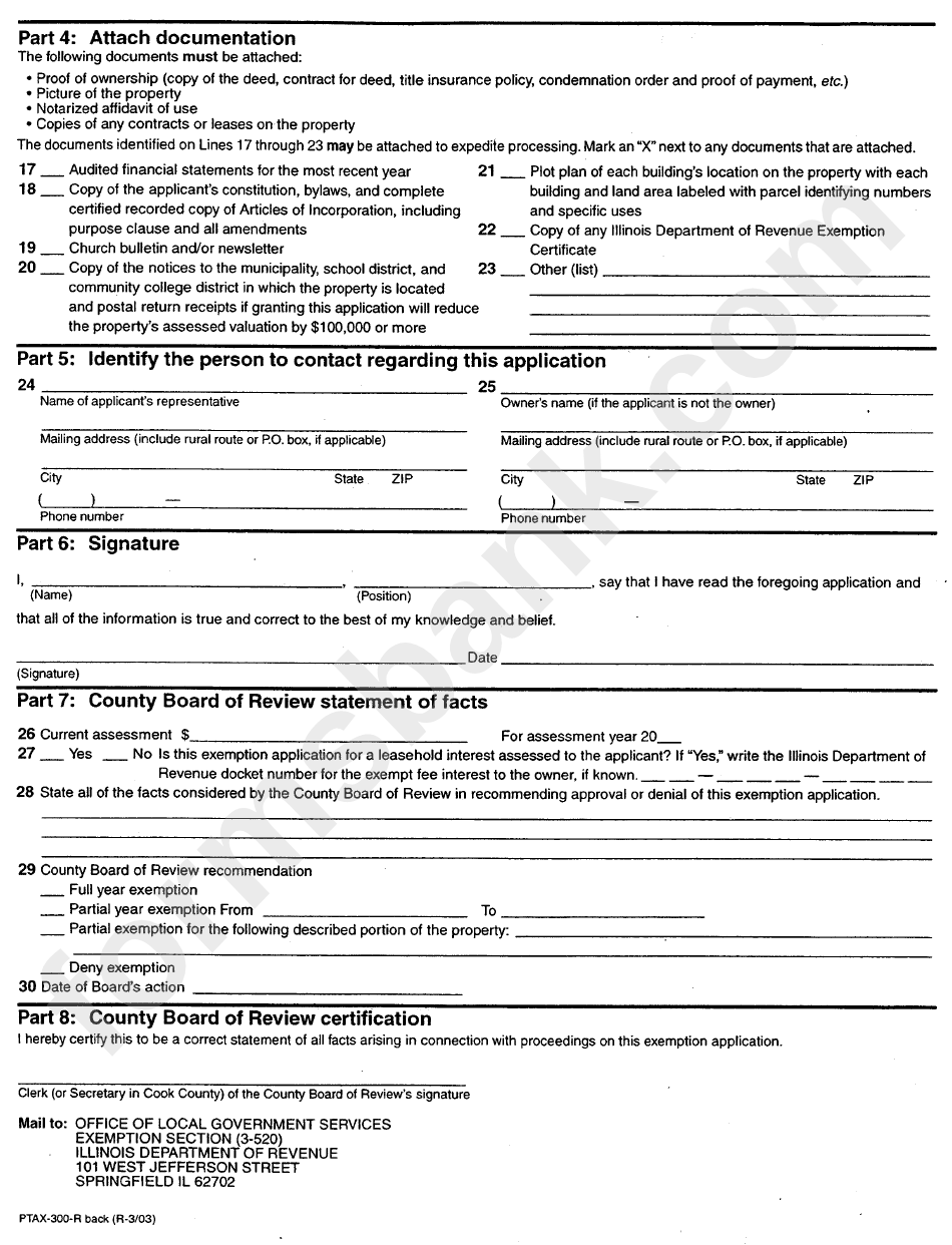 Form Ptax-300-R - Application For Religious Property Tax Exemption - County Board Of Review Statement Of Facts