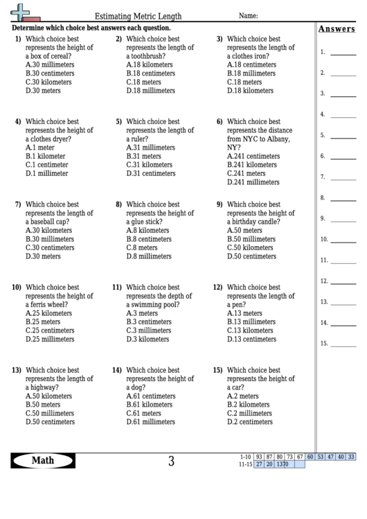 Estimating Metric Length Worksheet Template With Answer Key