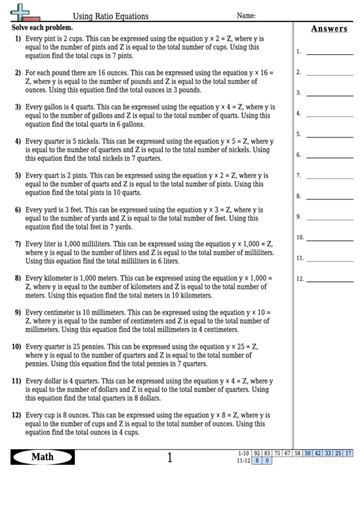 Using Ratio Equations Worksheet Template With Answer Key Printable pdf