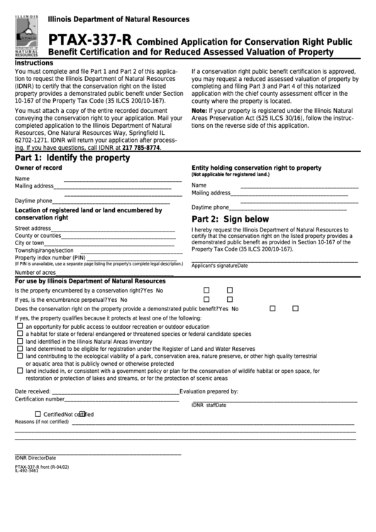 Form Ptax-337-R - Combined Application For Conservation Right Public Benefit Certification And For Reduced Assessed Valuation Of Property Printable pdf