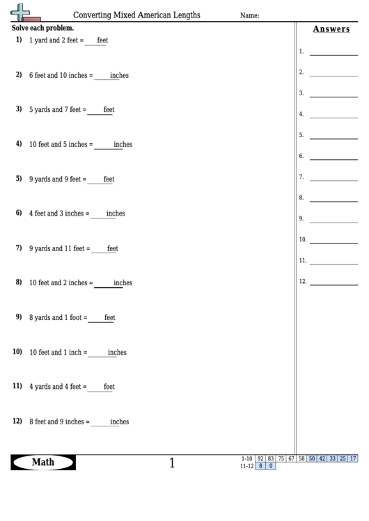 Converting Mixed American Lengths Worksheet Template With Answer Key
