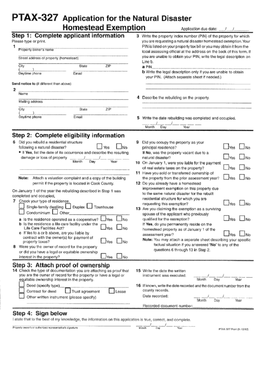 Form Ptax-327 - Application For The Natural Disaster Homestead Exemption Printable pdf