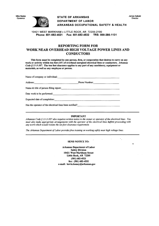 Reporting Form For Work Near Overhead High Voltage Power Lines And Conductors Printable pdf