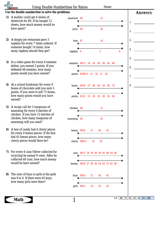 Using Double Numberlines For Ratios Worksheet Template With Answer Key Printable pdf