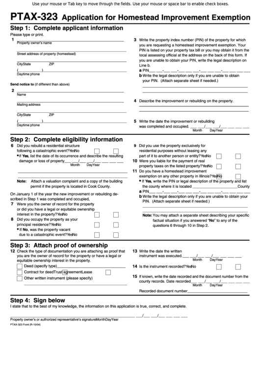 Fillable Form Ptax-323 - Application For Homestead Improvement Exemption Printable pdf