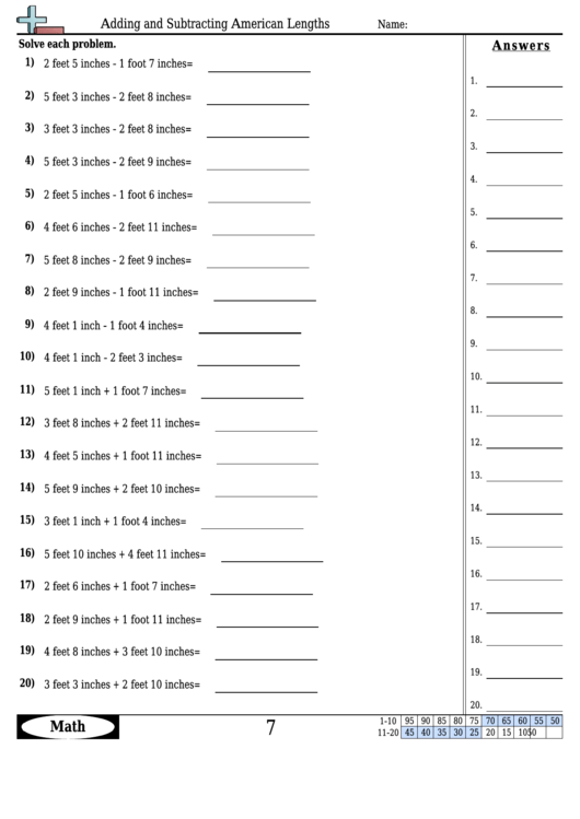 Adding And Subtracting American Lengths Worksheet Template With Answer Key Printable pdf