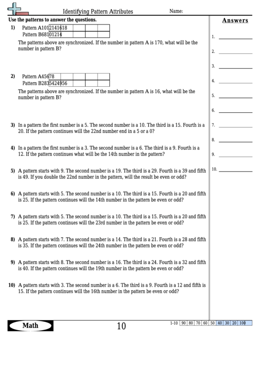 Identifying Pattern Attributes Worksheet Template With Answer Key Printable pdf