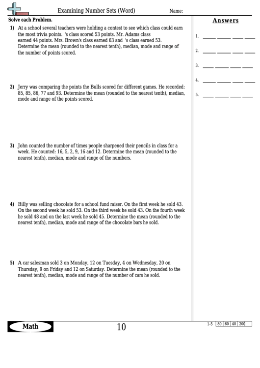 Examining Number Sets (Word) Worksheet Template With Answer Key Printable pdf