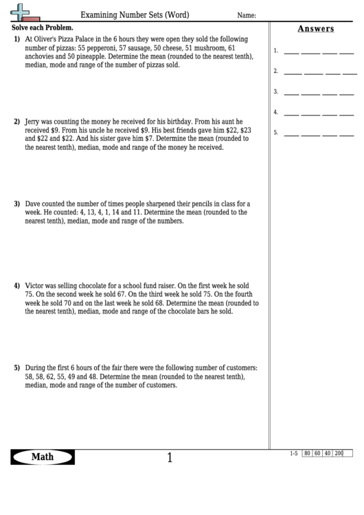 Examining Number Sets (Word) Worksheet Template With Answer Key Printable pdf
