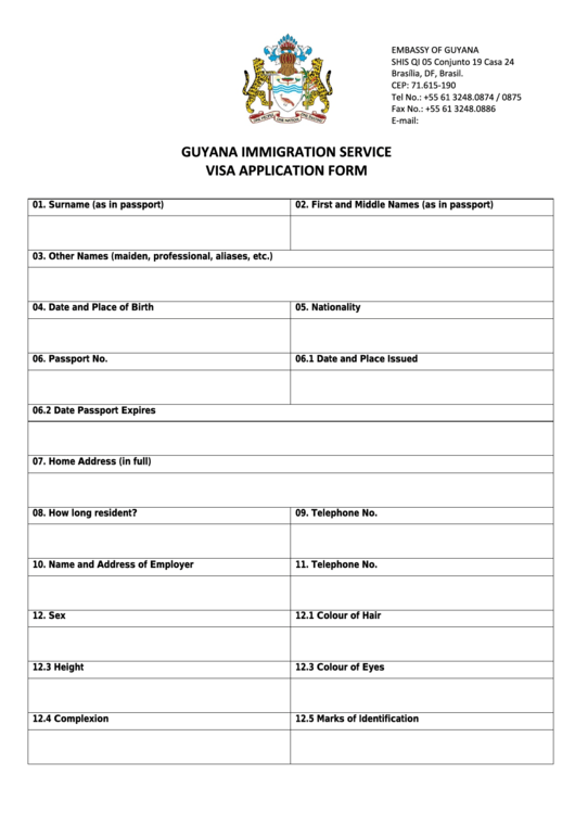 Guyana Immigration Service Visa Application Form Printable pdf