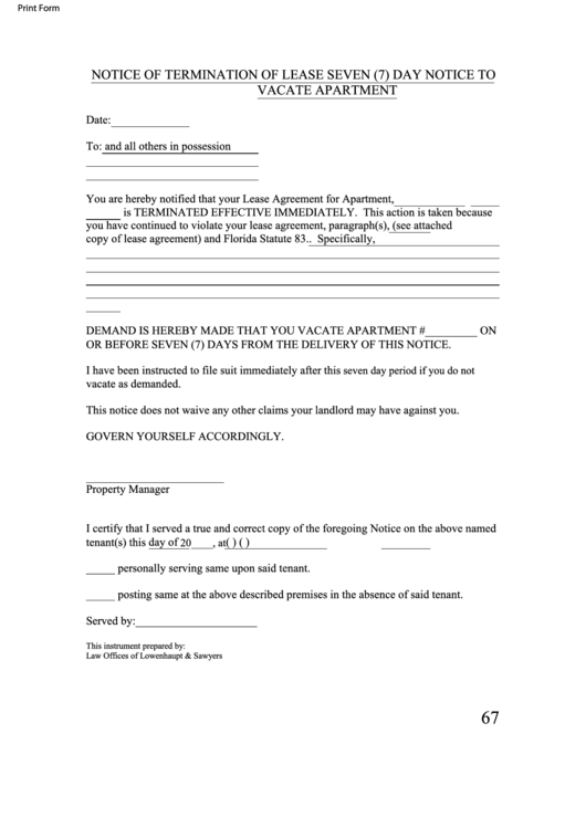 Notice Of Termination Of Lease Seven (7) Day Notice To Vacate Apartment Printable pdf