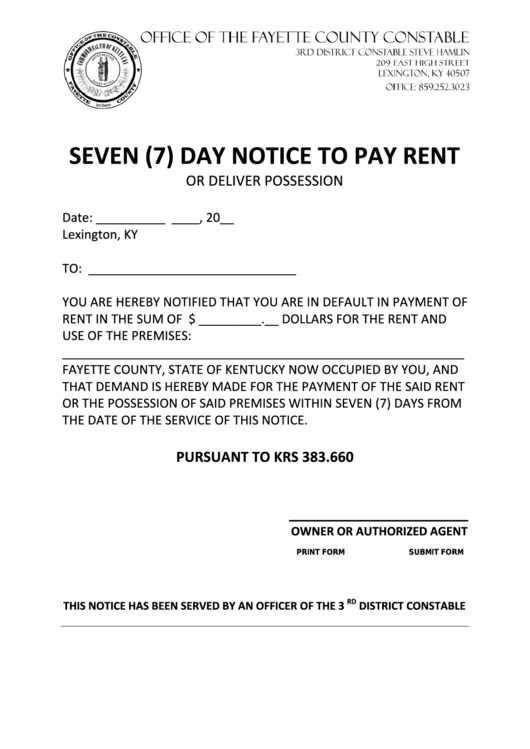 Seven (7) Day Notice To Pay Rent
