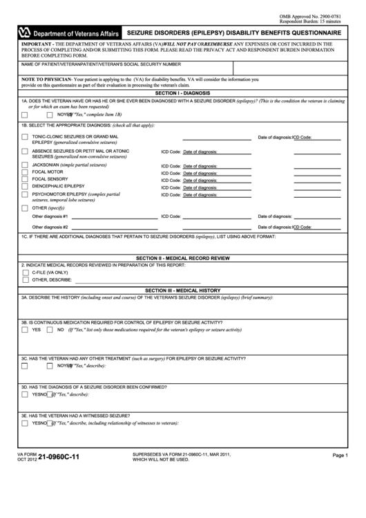 Fillable Va Form 21-0960c-11 - Seizure Disorders (Epilepsy) Disability Benefits Questionnaire Printable pdf