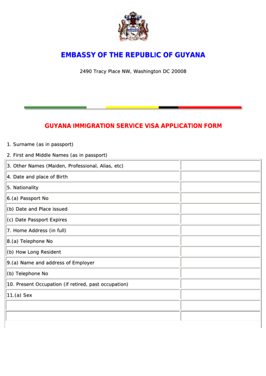 Guyana Immigration Service Visa Application Form Printable pdf