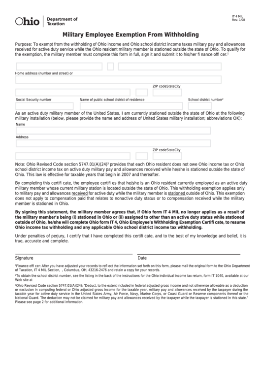 Fillable Form It 4 Mil - Military Employee Exemption From Withholding Printable pdf